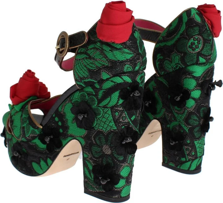 Green Brocade Snakeskin Roses Crystal Women's Shoes - Image 3