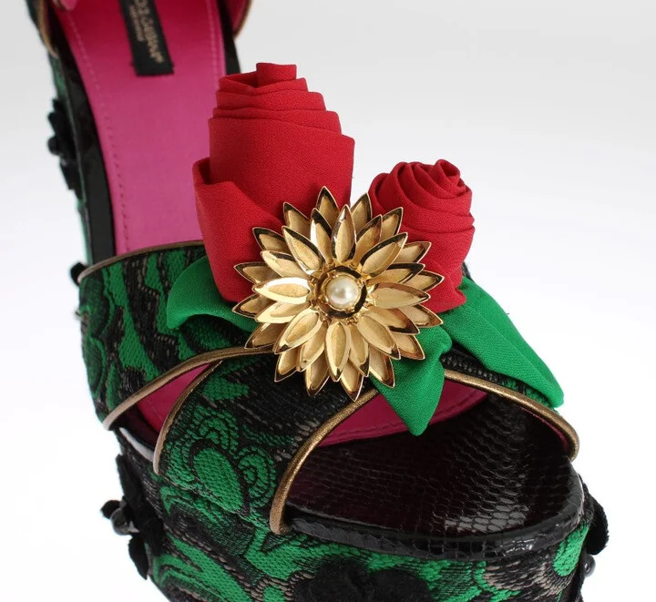 Green Brocade Snakeskin Roses Crystal Women's Shoes - Image 5