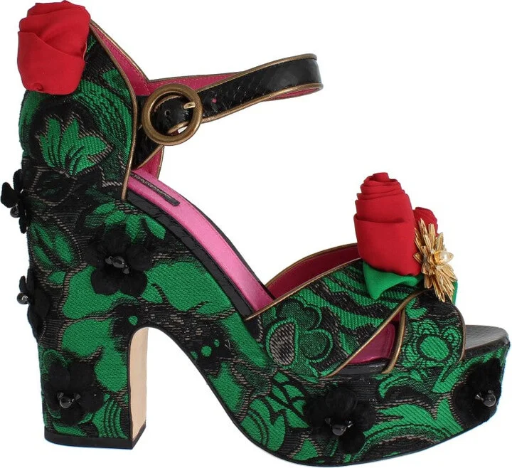 Green Brocade Snakeskin Roses Crystal Women's Shoes