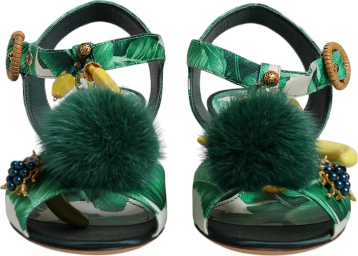 Green Crystal Fur Embellished Sandals Women's Shoes - Image 2