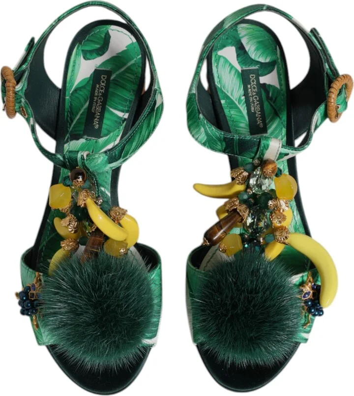 Green Crystal Fur Embellished Sandals Women's Shoes - Image 3