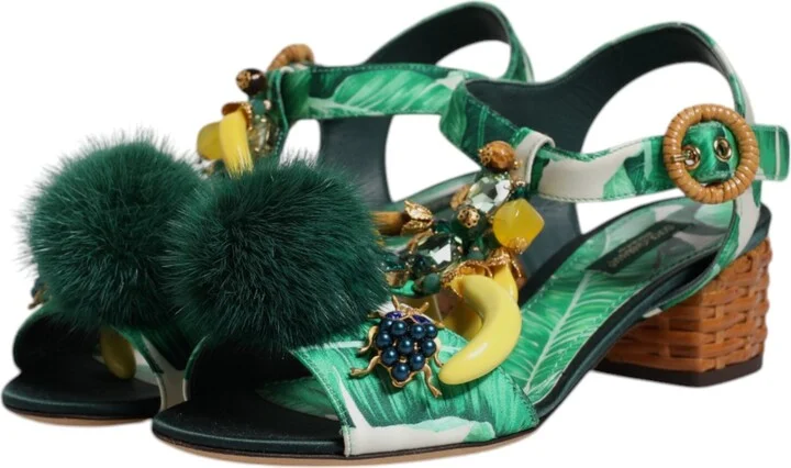 Green Crystal Fur Embellished Sandals Women's Shoes - Image 4