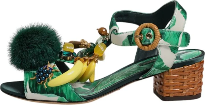 Green Crystal Fur Embellished Sandals Women's Shoes - Image 6
