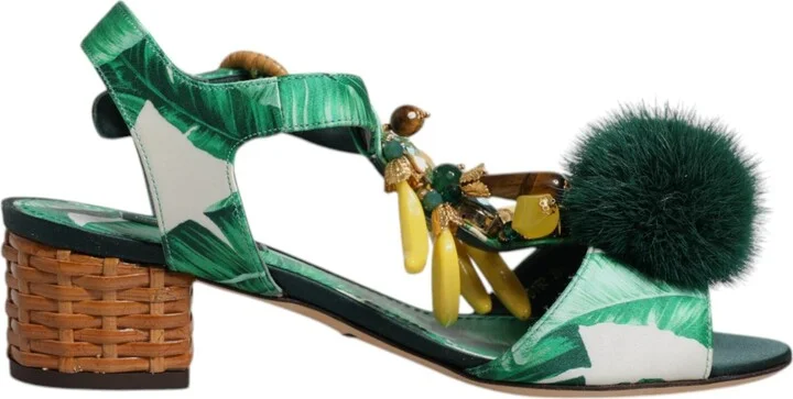 Green Crystal Fur Embellished Sandals Women's Shoes