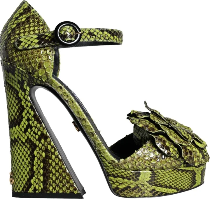 Green Exotic Leather Ankle Strap Heels Sandals Women's Shoes