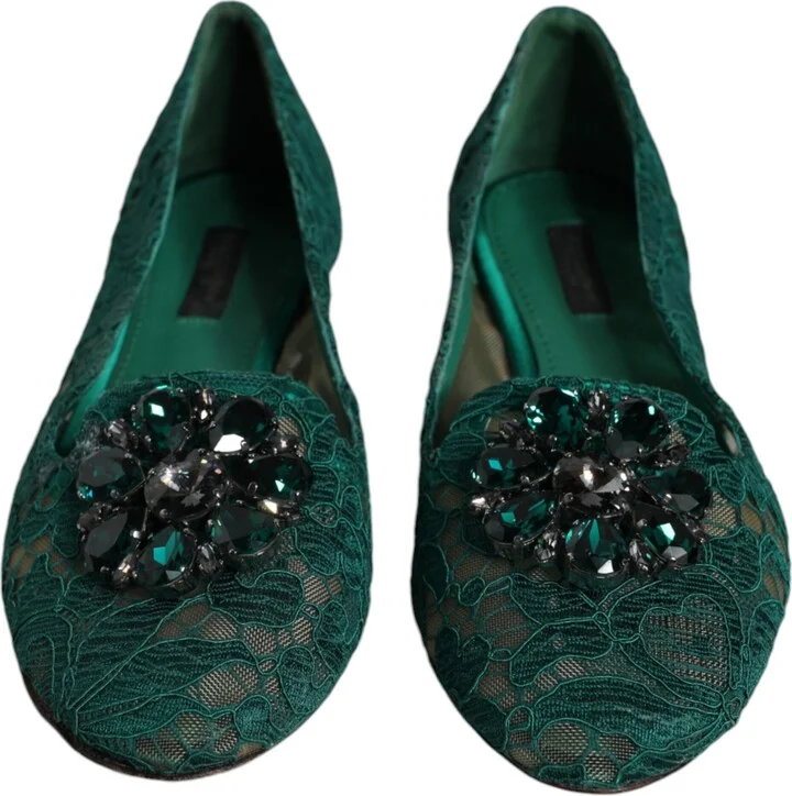 Green Lace Crystal Ballet Flats Loafers Women's Shoes (Pre-Owned) - Image 2