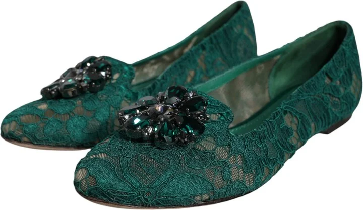 Green Lace Crystal Ballet Flats Loafers Women's Shoes (Pre-Owned) - Image 3
