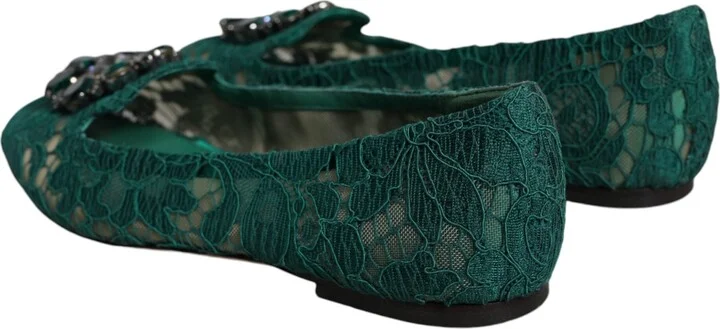 Green Lace Crystal Ballet Flats Loafers Women's Shoes (Pre-Owned) - Image 4
