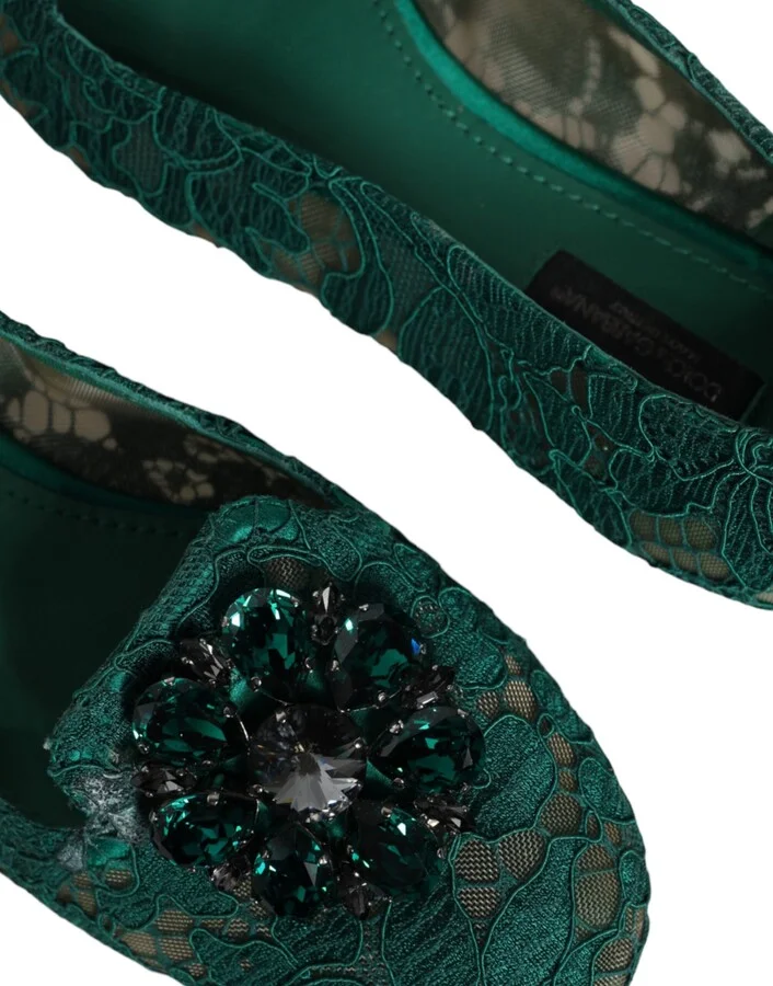 Green Lace Crystal Ballet Flats Loafers Women's Shoes (Pre-Owned) - Image 6