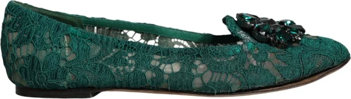 Green Lace Crystal Ballet Flats Loafers Women's Shoes (Pre-Owned)