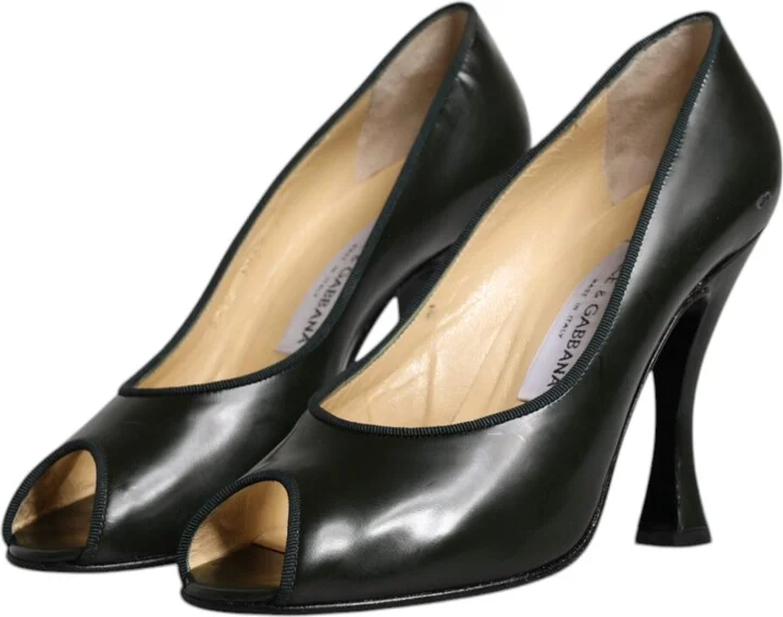 Green Leather Peep Toe Heels Pumps Women's Shoes (Pre-Owned) - Image 4