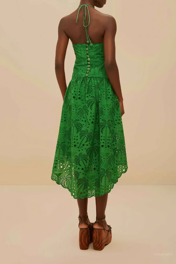 Green Palm Tree Eyelet Midi Dress - Image 2