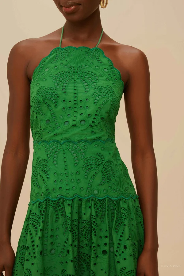 Green Palm Tree Eyelet Midi Dress - Image 3