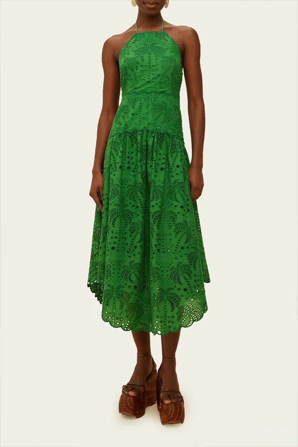 Green Palm Tree Eyelet Midi Dress