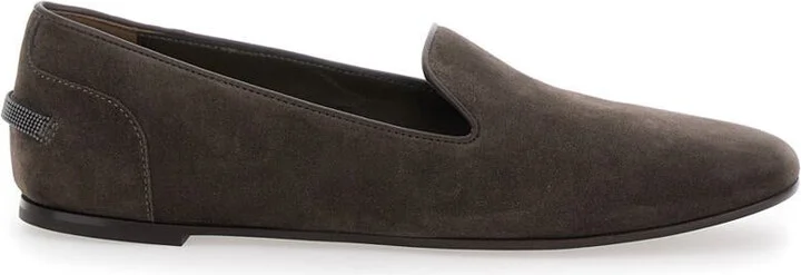 Grey Loafers With Monil Detail On The Rear In Suede Woman