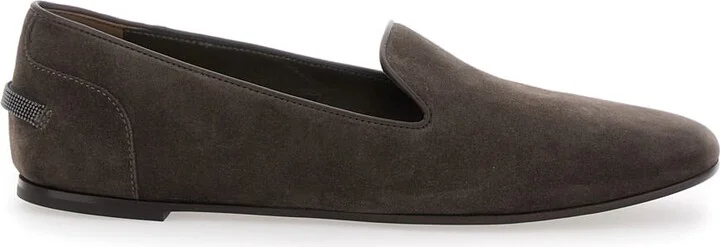 Grey Loafers With Monil Detail On The Rear In Suede Woman