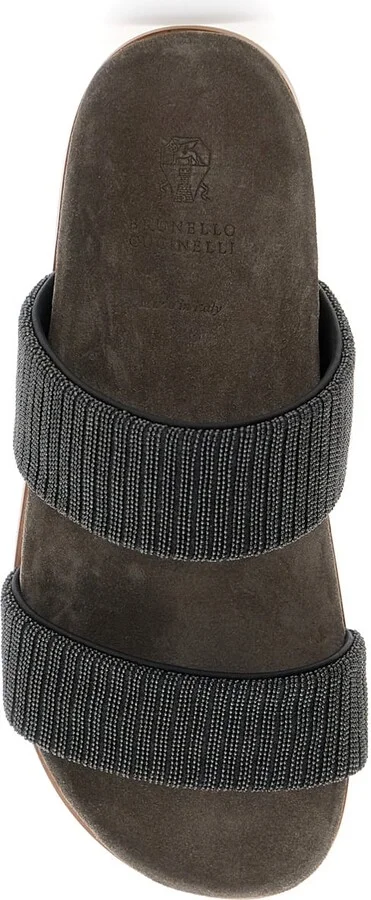 Grey Sandals With Monile Decoration And Round Open Toe In Suede And Cotton Woman - Image 4