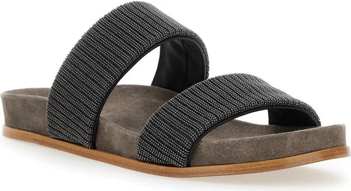 Grey Sandals With Monile Decoration And Round Open Toe In Suede And Cotton Woman - Image 2