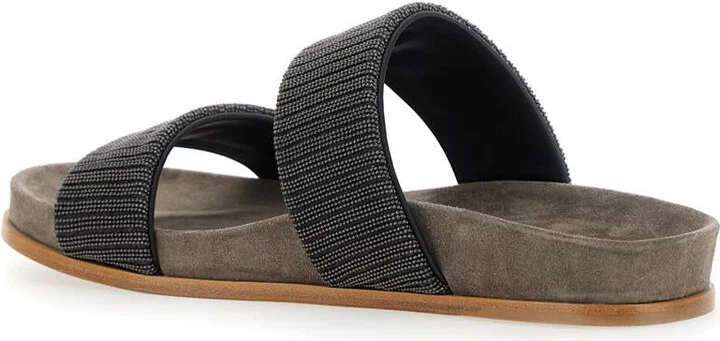 Grey Sandals With Monile Decoration And Round Open Toe In Suede And Cotton Woman - Image 3
