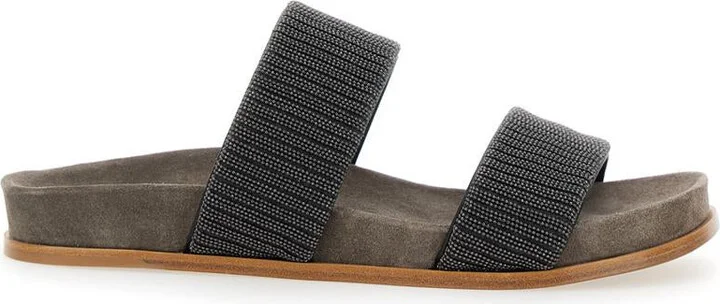 Grey Sandals With Monile Decoration And Round Open Toe In Suede And Cotton Woman