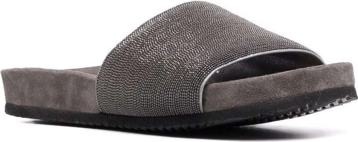 Grey Suede Slide Sandals With Monile Detail Brunello Cucinelli Woman - Image 2