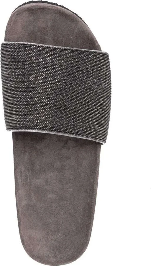 Grey Suede Slide Sandals With Monile Detail Brunello Cucinelli Woman - Image 4