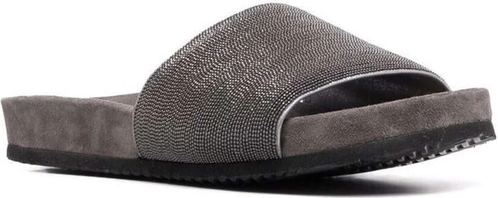Grey Suede Slide Sandals With Monile Detail Brunello Cucinelli Woman - Image 2