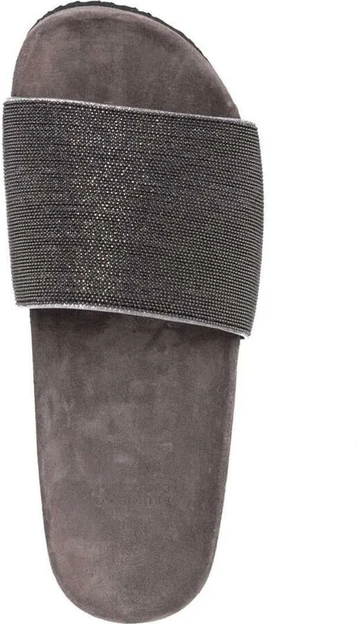 Grey Suede Slide Sandals With Monile Detail Brunello Cucinelli Woman - Image 4