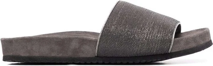 Grey Suede Slide Sandals With Monile Detail Brunello Cucinelli Woman