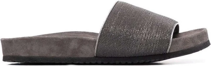 Grey Suede Slide Sandals With Monile Detail Brunello Cucinelli Woman