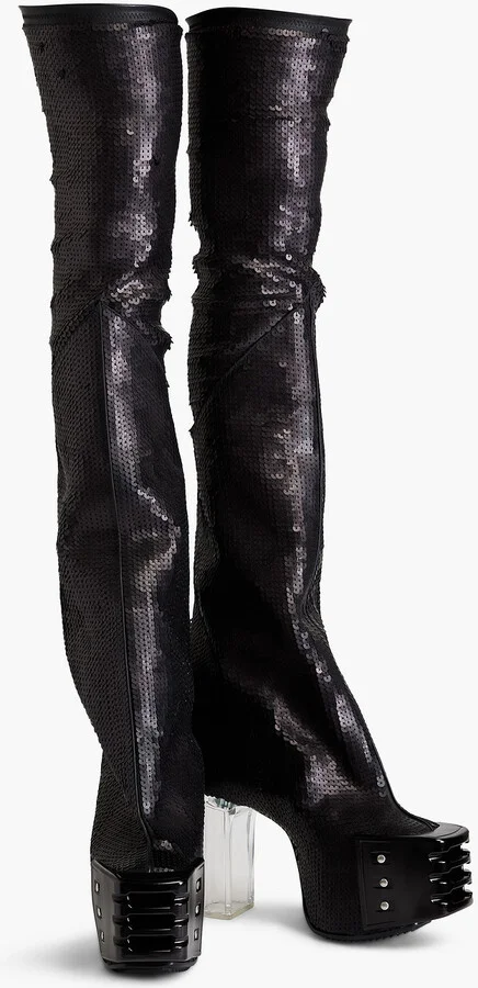 Grilled sequined leather-blend thigh boots - Image 2
