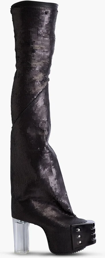 Grilled sequined leather-blend thigh boots