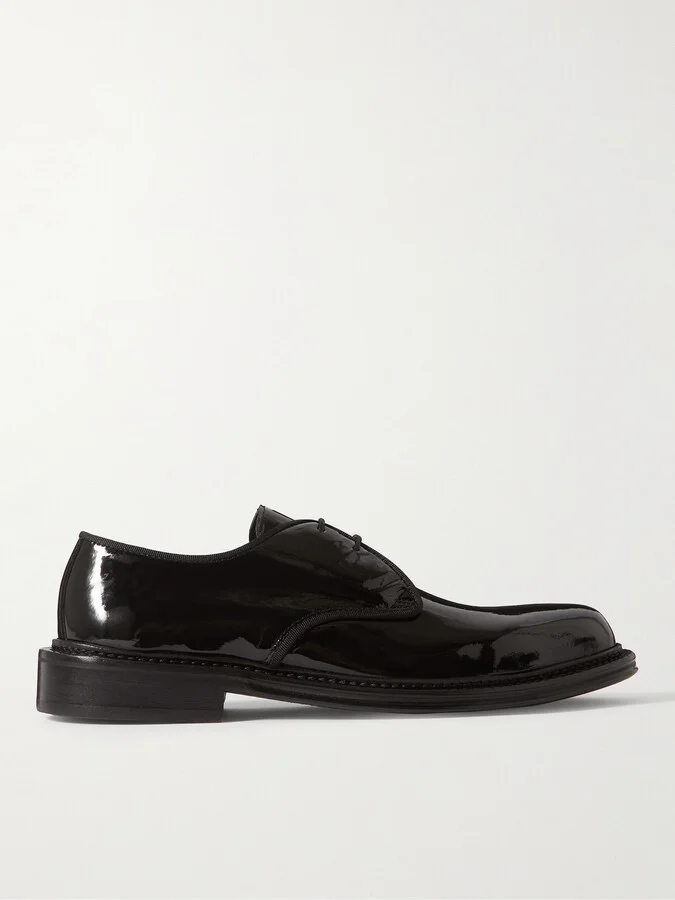 Grosgrain-Trimmed Patent-Leather Derby Shoes