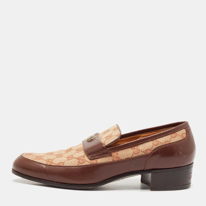 Gucci Beige/Brown Canvas and Leather GG Slip On Loafers Size 43