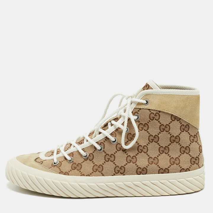 Gucci Beige/Brown GG Canvas and Suede Tortuga High Top Sneakers Size 42