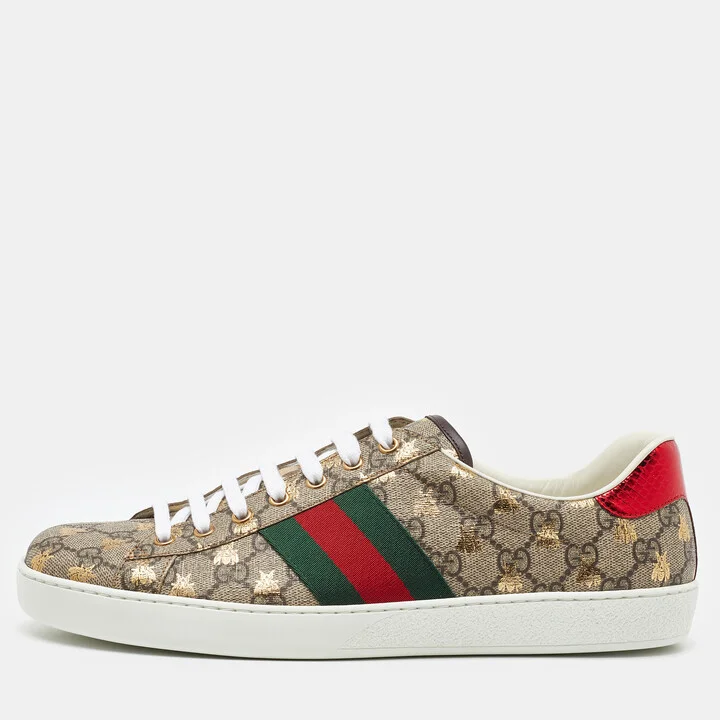 Gucci Beige/Brown GG Supreme Canvas Ace Bee Lace Up Sneakers Size 45