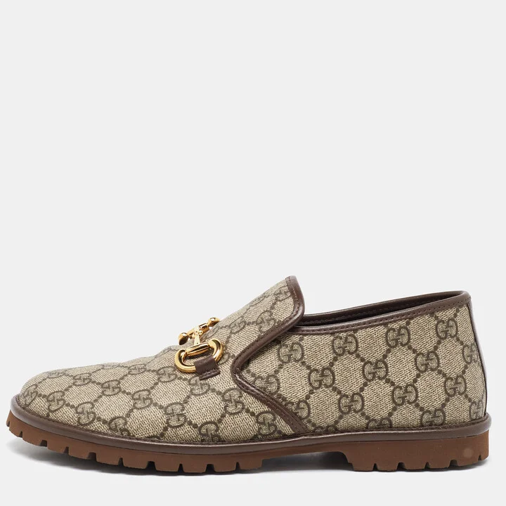 Gucci Beige/Brown GG Supreme Canvas and Leather Horsebit Loafers Size 40