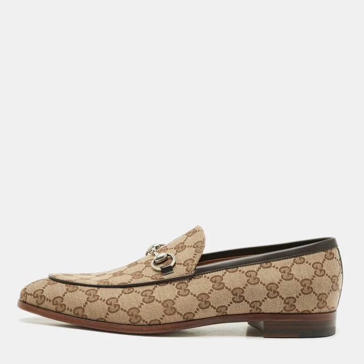 Gucci Beige GG Canvas Jordaan Horsebit Loafers Size 44