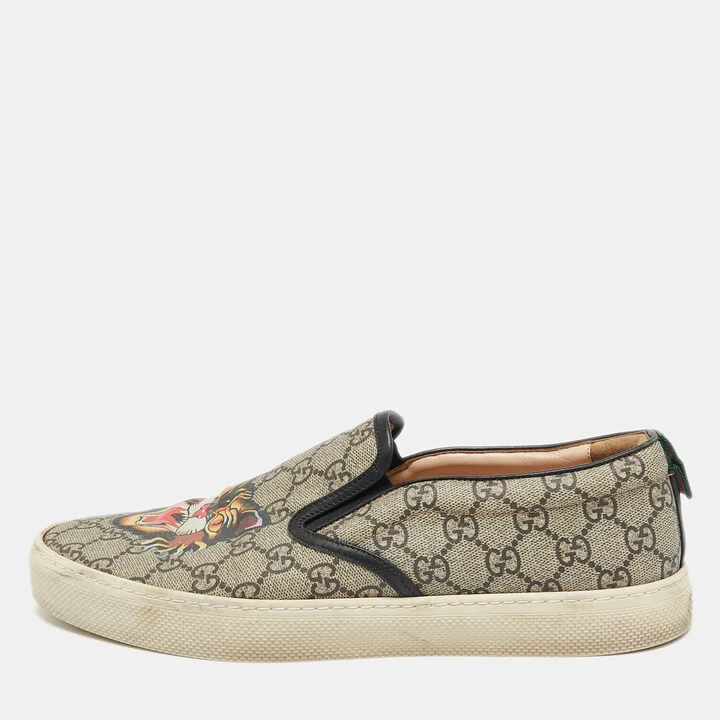 Gucci Black/Beige GG Supreme Canvas Tiger Print Slip On Sneakers Size 43