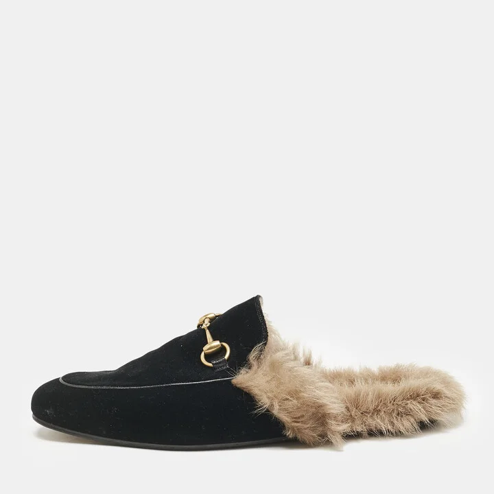 Gucci Black Fur and Velvet Princetown Mules Size 43