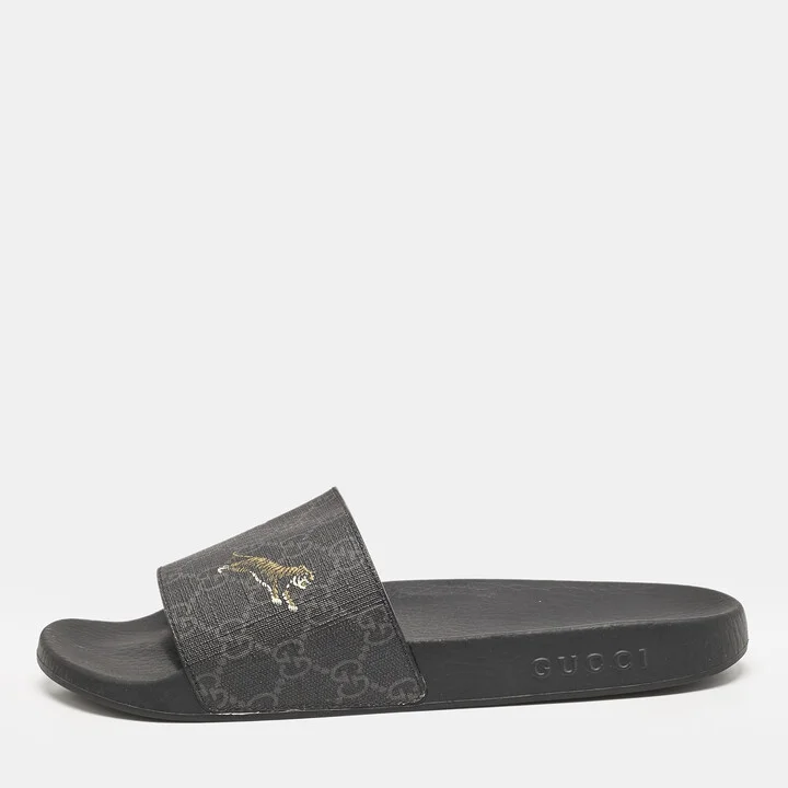 Gucci Black GG Supreme Canvas Tiger Pool Slides Size 41