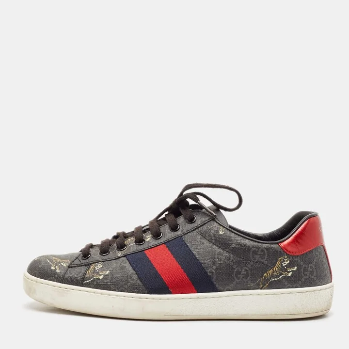 Gucci Black GG Supreme Canvas Tiger Print Ace Low Top Sneakers Size 40.5