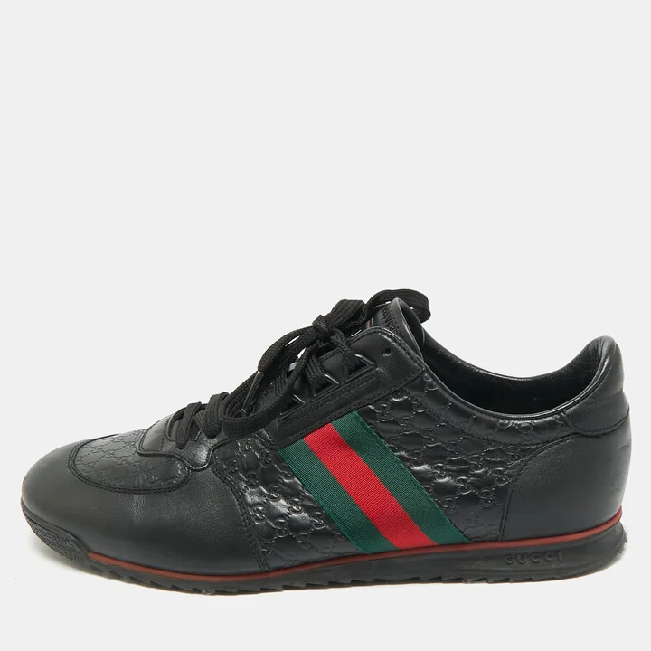 Gucci Black Guccissima Leather Web Low Top Sneakers Size 43.5