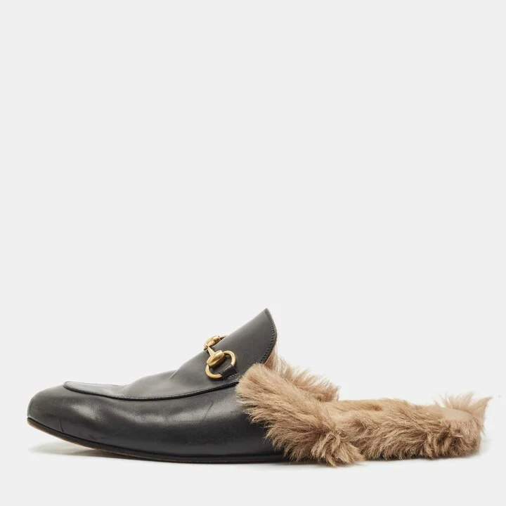 Gucci Black Leather and Fur Princetown Flat Mules Size 45