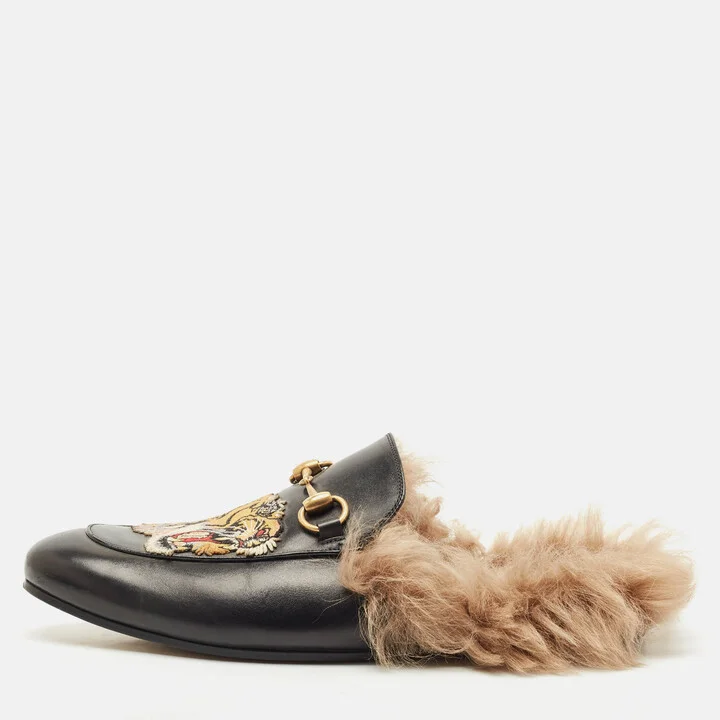 Gucci Black Leather And Fur Princetown Mule Sandals Size 41.5