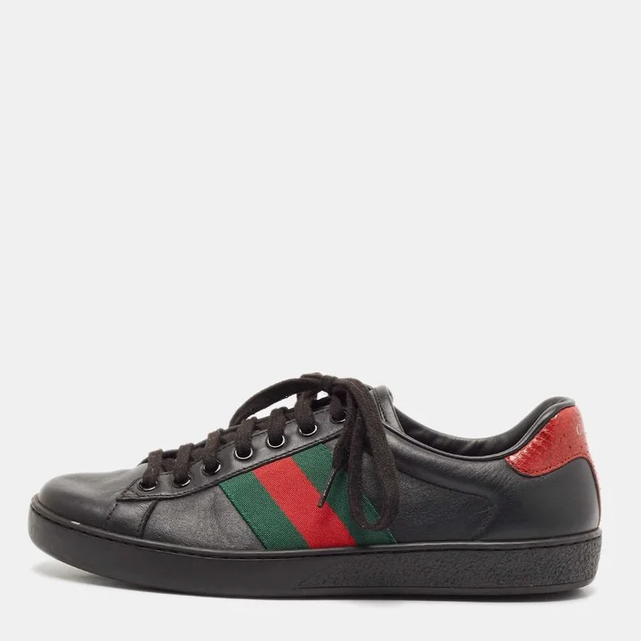 Gucci Black Leather and Python Embossed Leather Ace Low Top Sneakers Size 38.5
