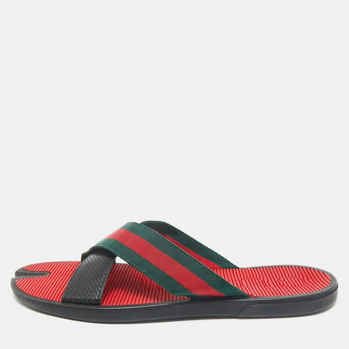 Gucci Black Leather And Web Tape Cross Strap Flat Slide Sandals Size 45