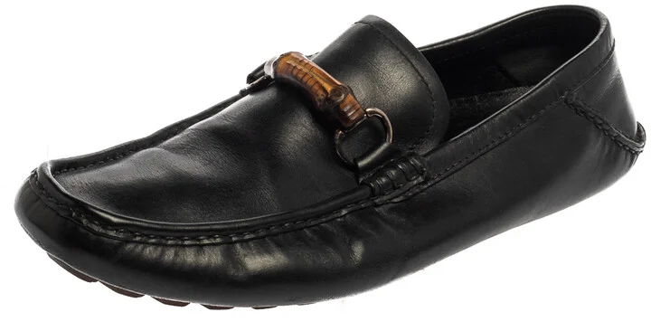Gucci Black Leather Bamboo Horsebit Slip On Loafers Size 43.5