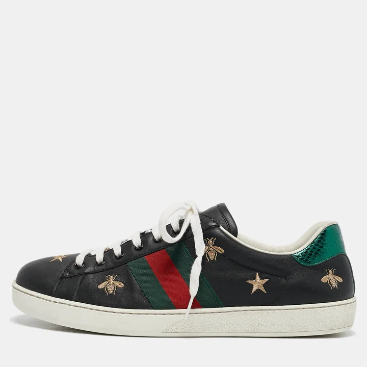 Gucci Black Leather Bee Ace Low Top Sneakers Size 44.5