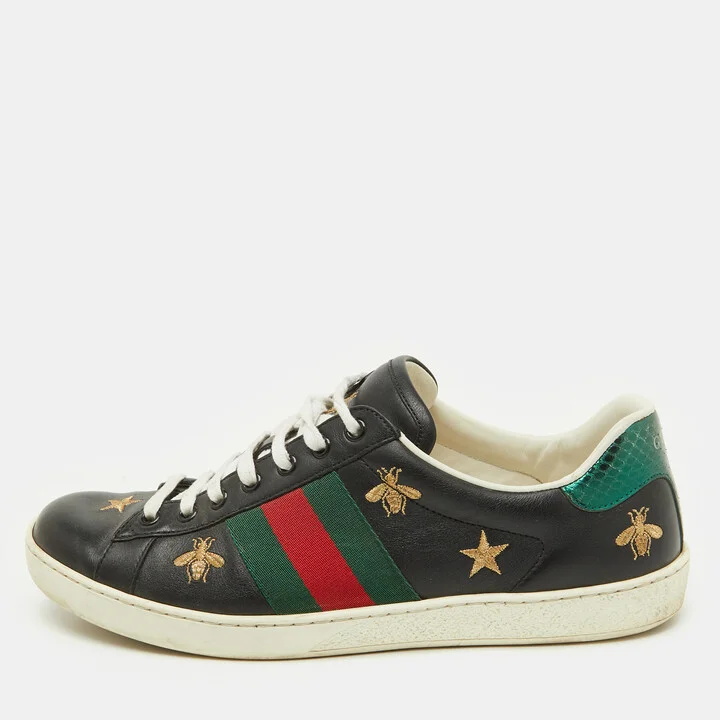 Gucci Black Leather Bee and Star Embroidered Ace Low Top Sneakers Size 41